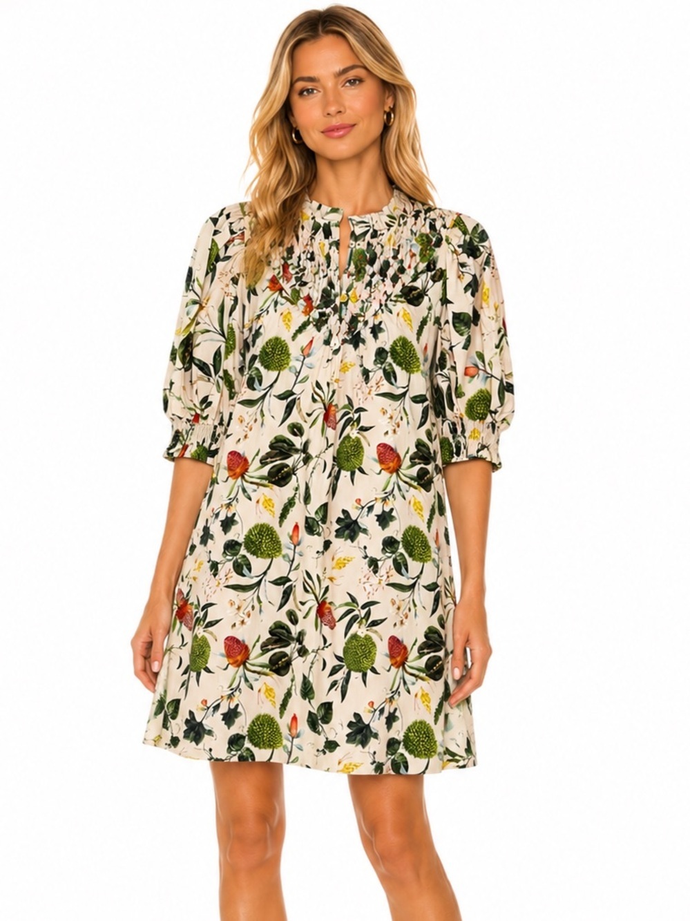 Olivia James Cotton Smocked Botanical Mini Bea Dress Puff Sleeve Beige Size S
